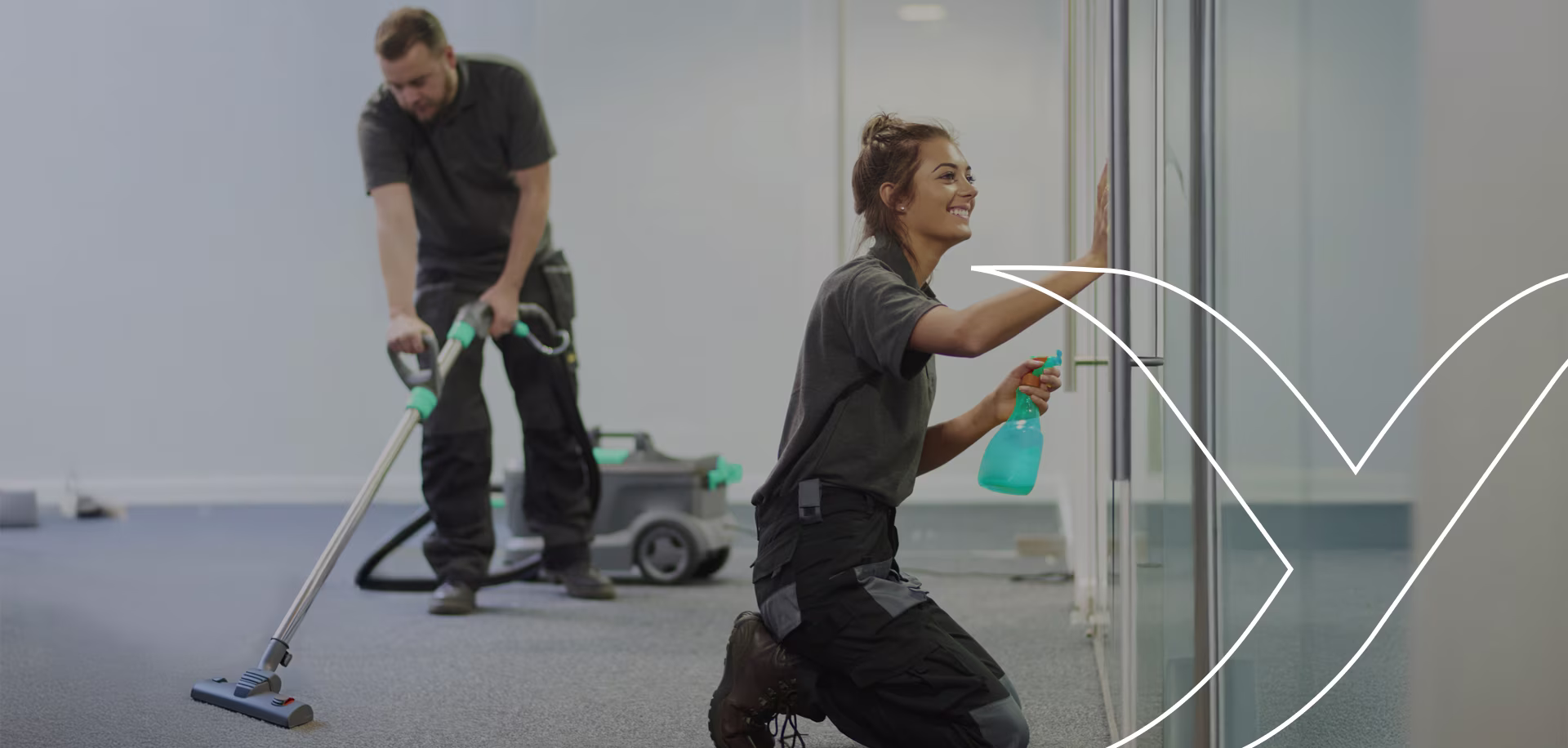 Reliable solutions for every cleaning need - Professional workers cleaning an office with advanced equipment.